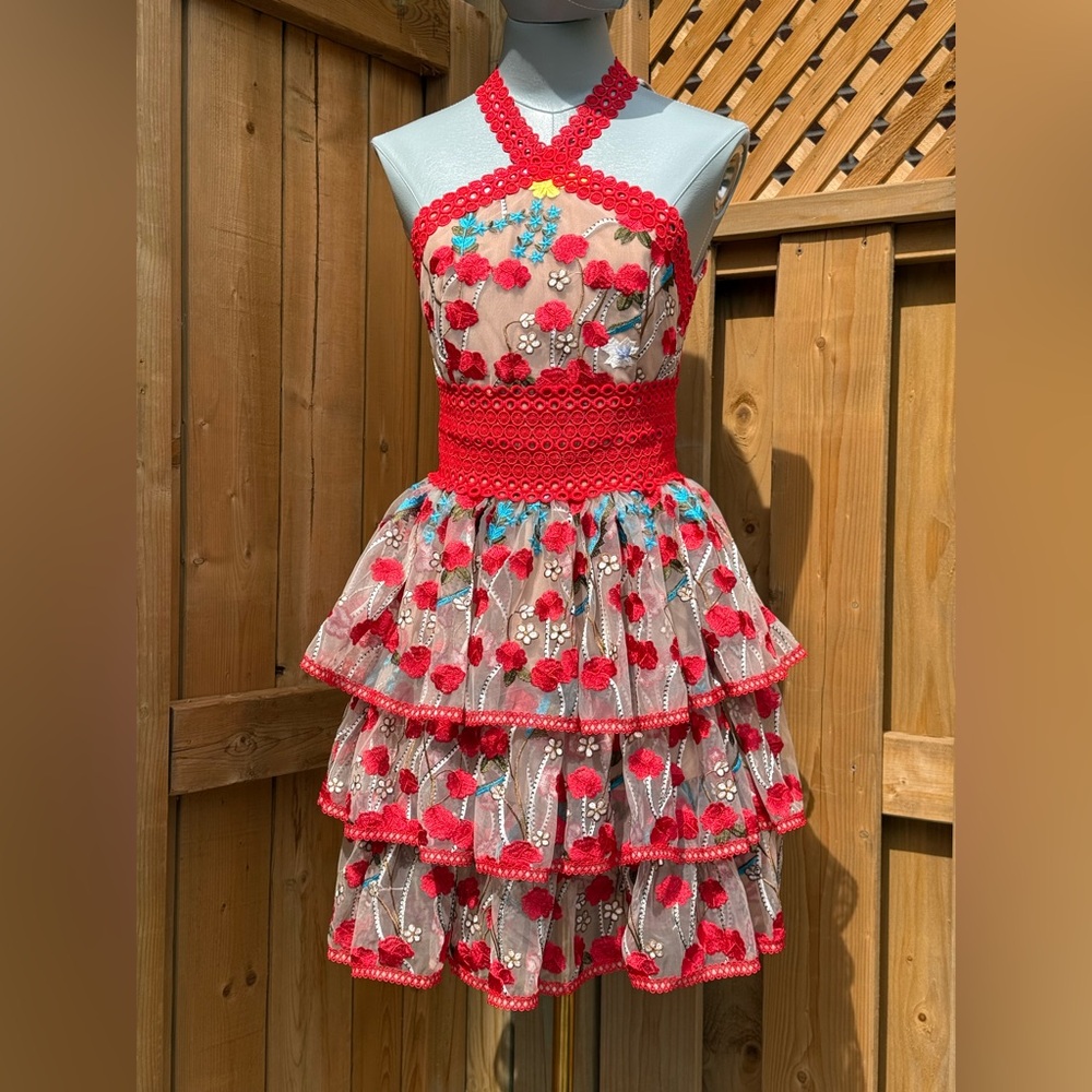 🆕 BRONX & BANCO 🧿 NWOT Ivanka Embroidered Red Ruffled Mini Dress, Sz XS US 2 - Picture 3 of 16